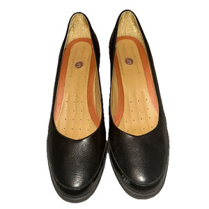 Clarks Unstructured Black Leather Slip On Wedge With Paten Trim. UK 6.5 US 9